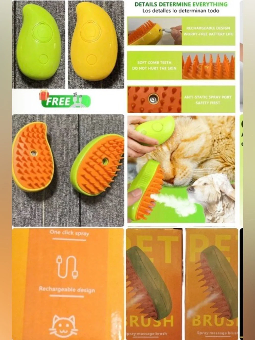 Electric Pet Hair Removal Brush Soft Silicone Steam Comb Cat &Dog Grooming GREEN